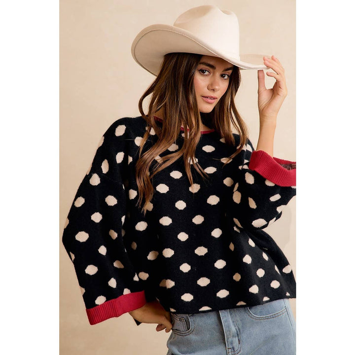 CONTRAST NECK AND ROLL UP DETAIL POLKA DOT SWEATER