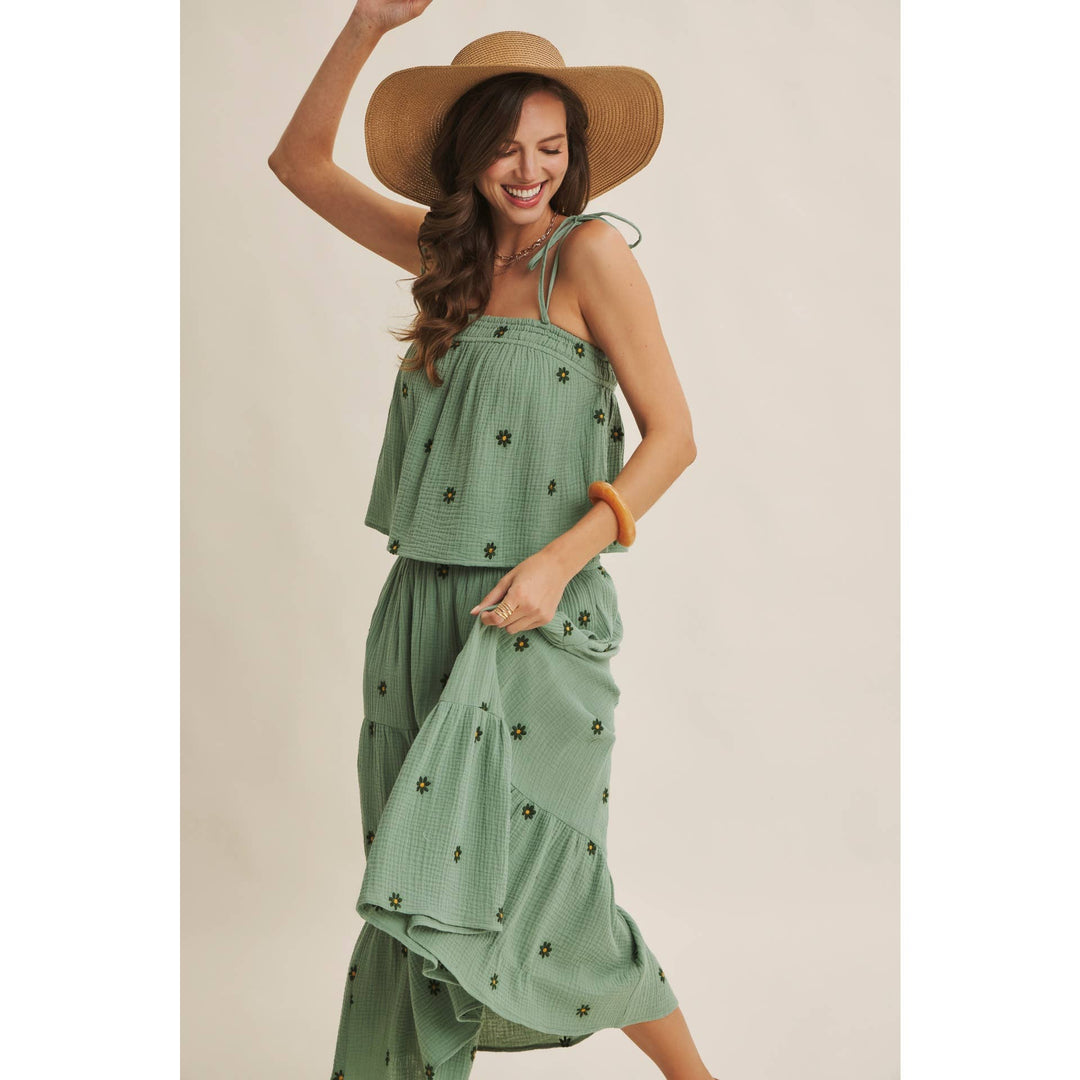 Women's Skirts - SUNSET FIELD EMBROIDERED COTTON GAUZE SMOCKED MIDI SKIRTS - - Cultured Cloths Apparel