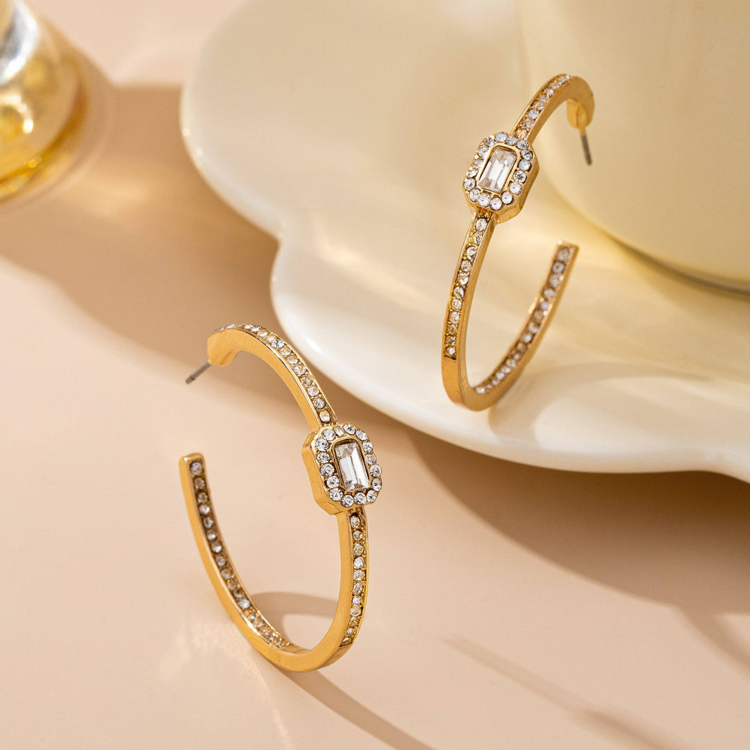 Accessories, Earrings - Solitaire Square Crystal Gold Hoop Earrings | 80E61752 - - Cultured Cloths Apparel