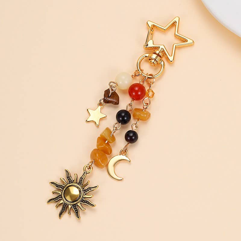 STAINLESS CELESTIAL SUN MOON STAR BEADED KEYCHAIN