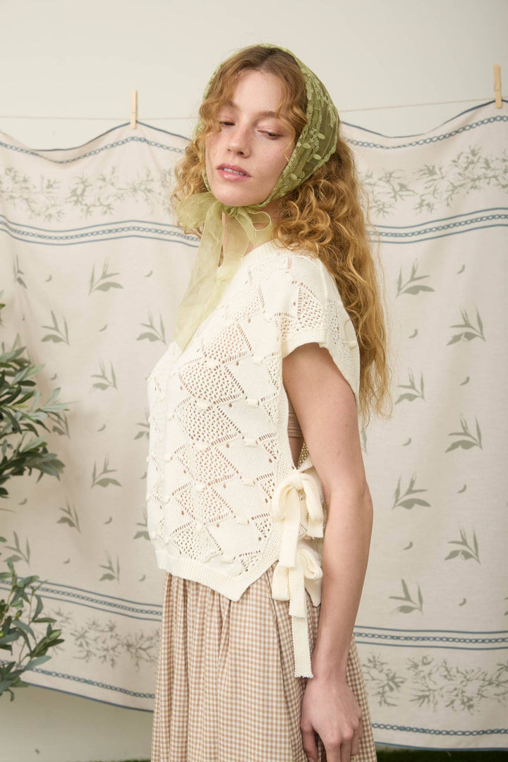 Women's Short Sleeve - CLIP DOT SHORT SLEEVE SIDE TIE CROCHET SWEATER - CREAM - Cultured Cloths Apparel