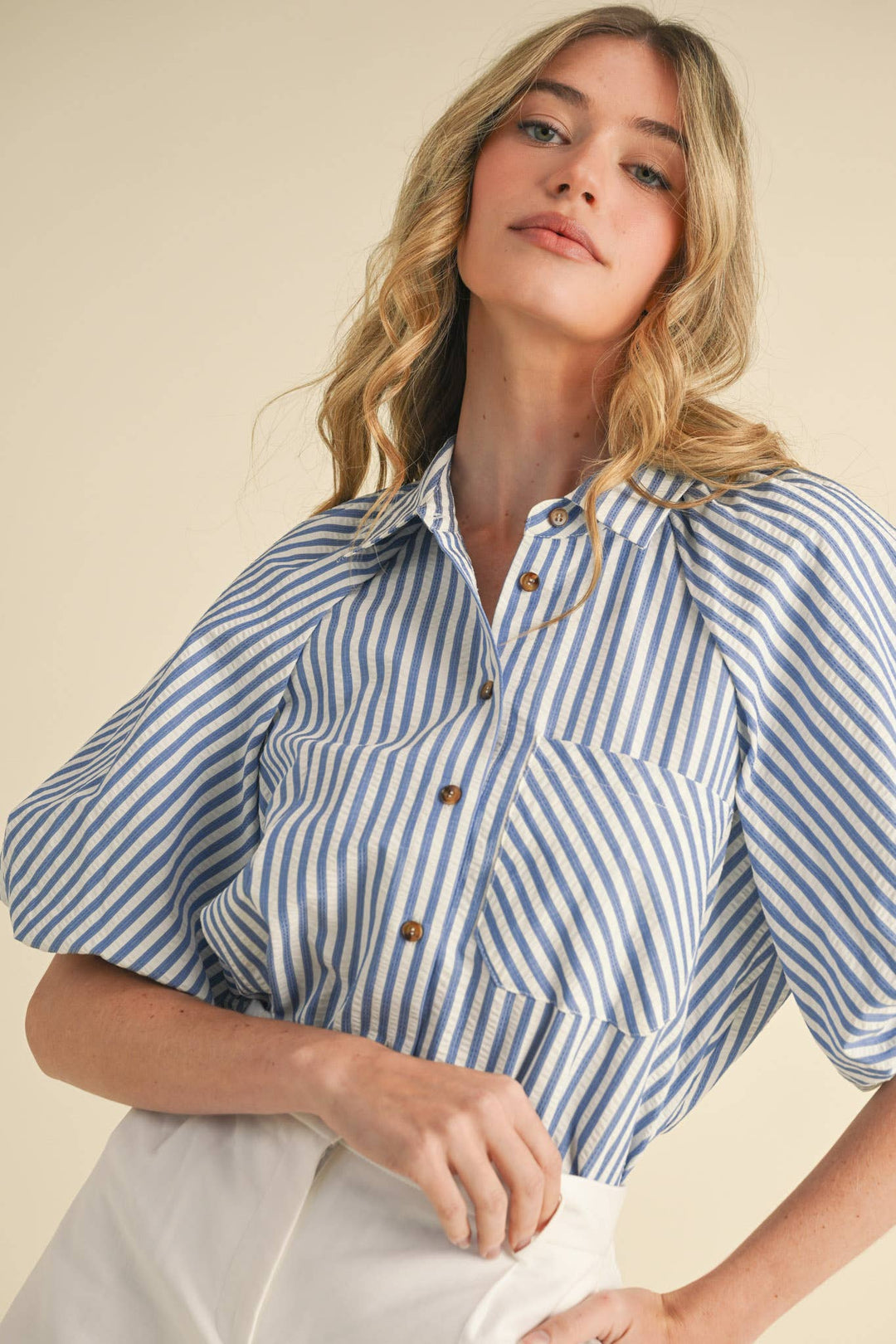 Women's Short Sleeve - STRIPED BUBBLE SLEEVE BUTTON DOWN TOP - - Cultured Cloths Apparel