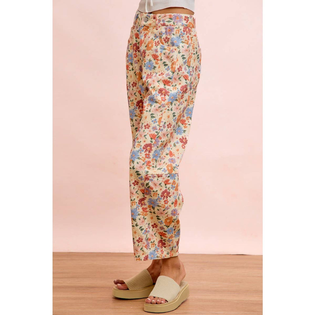 Pants - WASHED FLORAL PRINTED TWILL BARREL PANTS - - Cultured Cloths Apparel