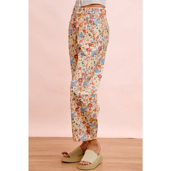 Pants - WASHED FLORAL PRINTED TWILL BARREL PANTS - - Cultured Cloths Apparel