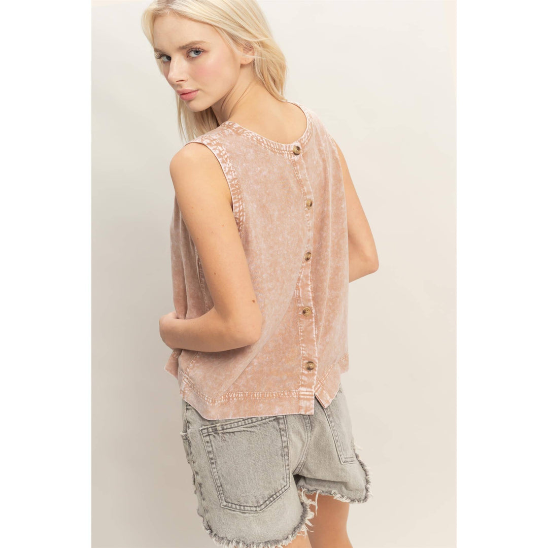 Women's Sleeveless - Pink Mineral Wash Button Back Sleeveless Top - - Cultured Cloths Apparel