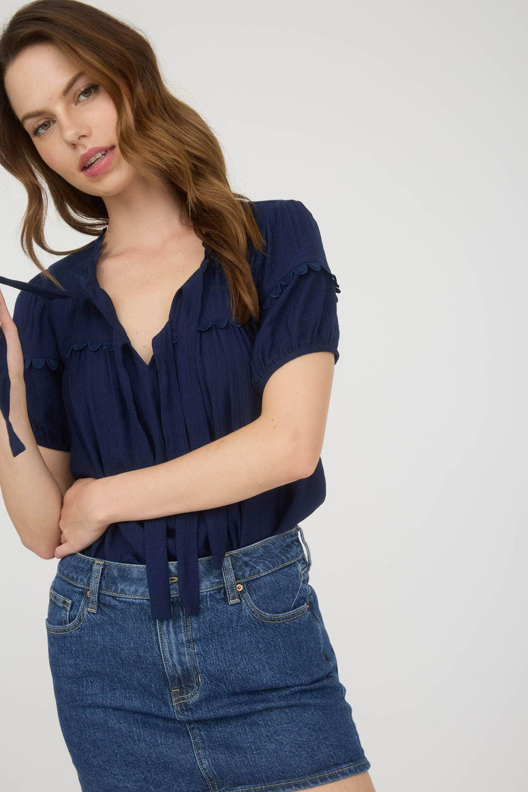 Women's Short Sleeve - SCALLOP TRIM FRONT TIE DETAIL PUFF SLEEVE TOP - - Cultured Cloths Apparel