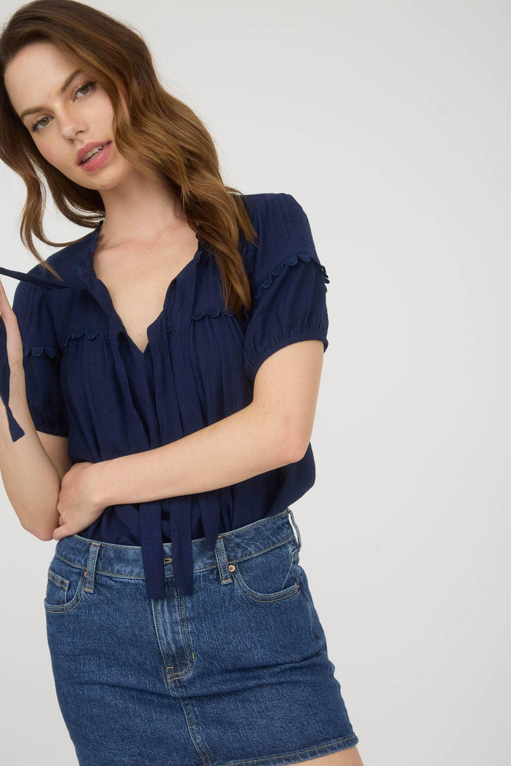 Women's Short Sleeve - SCALLOP TRIM FRONT TIE DETAIL PUFF SLEEVE TOP - - Cultured Cloths Apparel