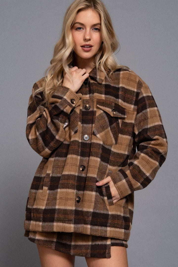 Outerwear - Long Sleeve Inside Faux Fur Brushed Plaid Jacket - - Cultured Cloths Apparel