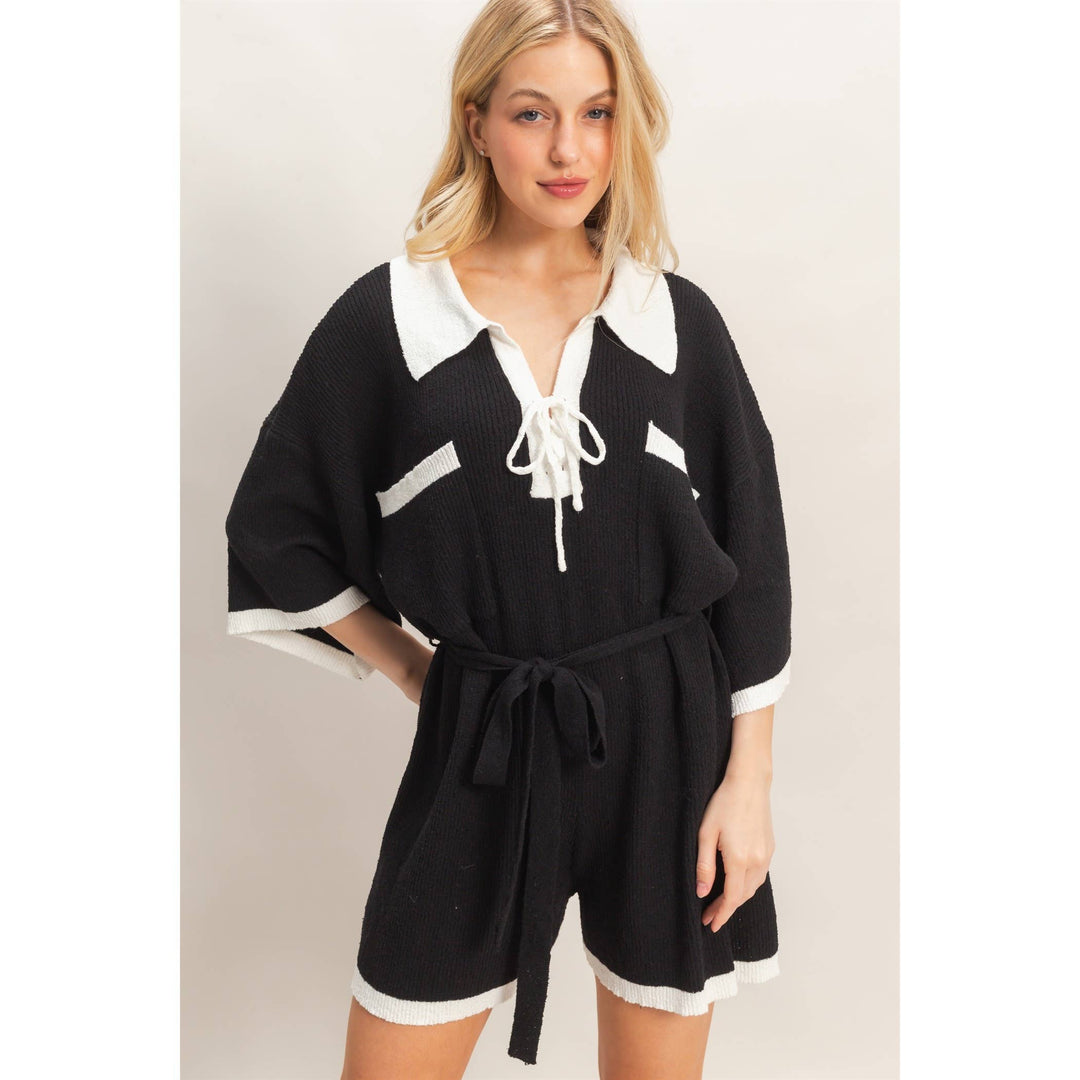Women's Rompers - Knit Romper With Contrast Tie - - Cultured Cloths Apparel