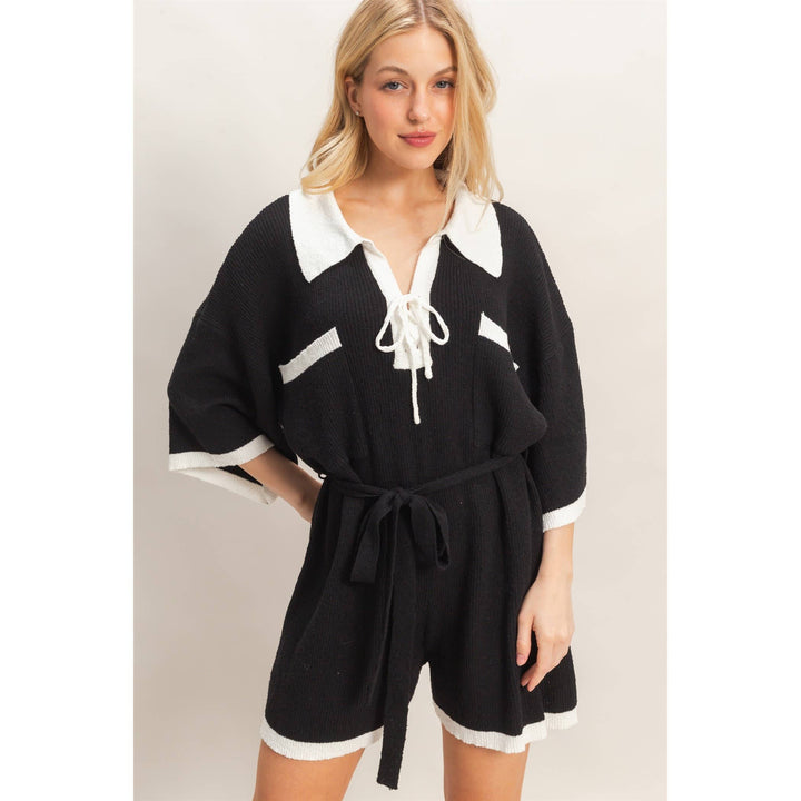 Women's Rompers - Knit Romper With Contrast Tie - - Cultured Cloths Apparel