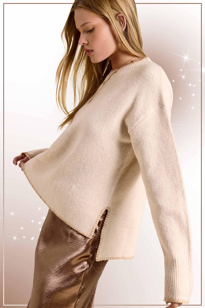 Hi-Low Crew Neck Sweater W/ Contrast Blanket Stitch