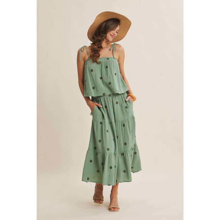 Women's Skirts - SUNSET FIELD EMBROIDERED COTTON GAUZE SMOCKED MIDI SKIRTS - - Cultured Cloths Apparel