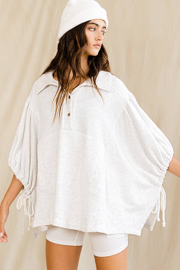 Women's Short Sleeve - Gray Oversized Drawstring Tie Sleeves Detail Solid Top - - Cultured Cloths Apparel