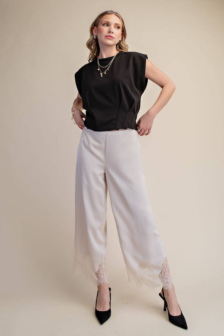 Pants - Mid Rise Cropped Lace Trim Pants - - Cultured Cloths Apparel