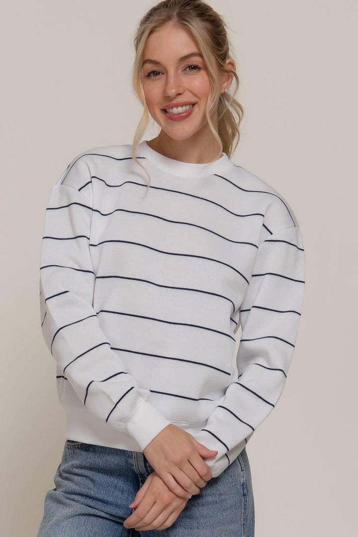 Women's Sweaters - Long Sleeve Engineer Stripe Inner Fleece Sweatshirt - IVORY - Cultured Cloths Apparel