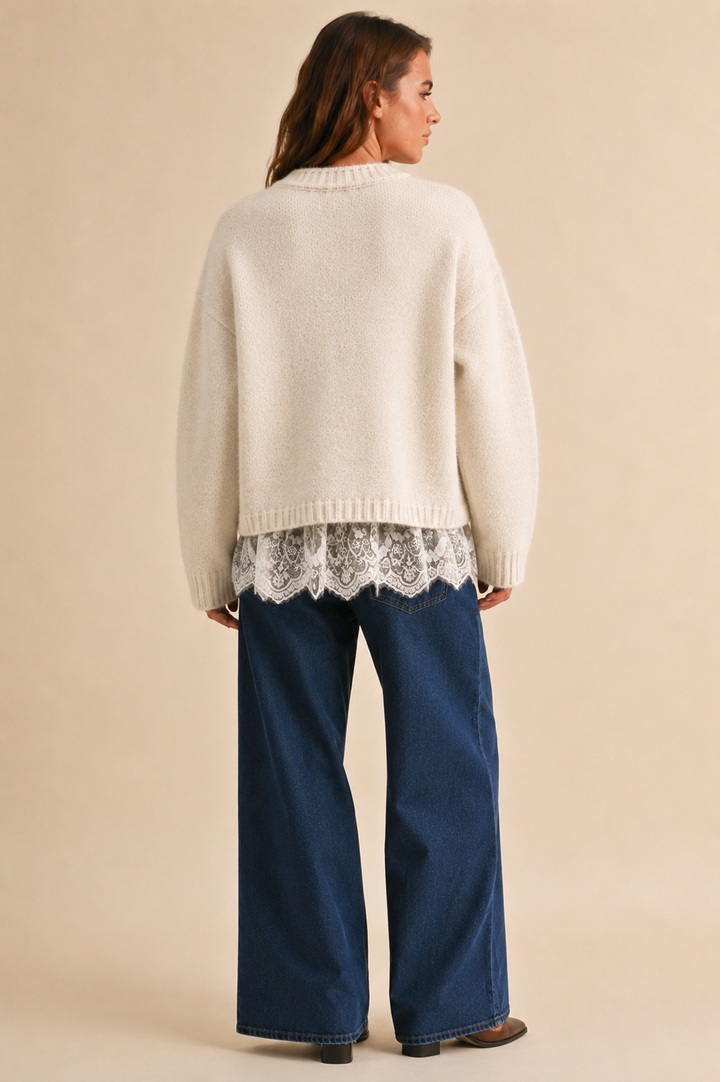 CREW NECK MESH EYELET LACE HEM PULLOVER SWEATER