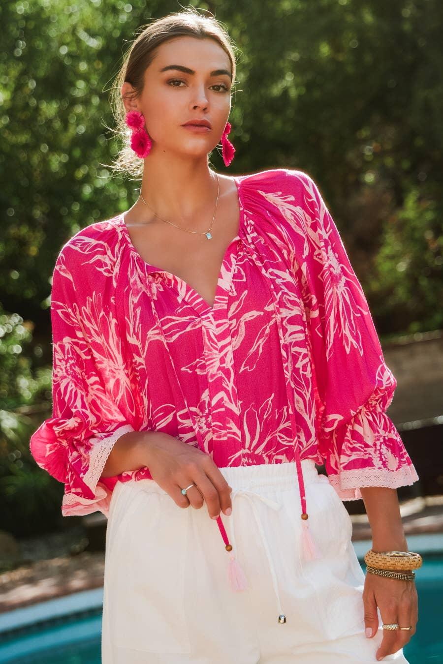 Women's 3/4 Sleeve - Floral Printed Blouse - - Cultured Cloths Apparel