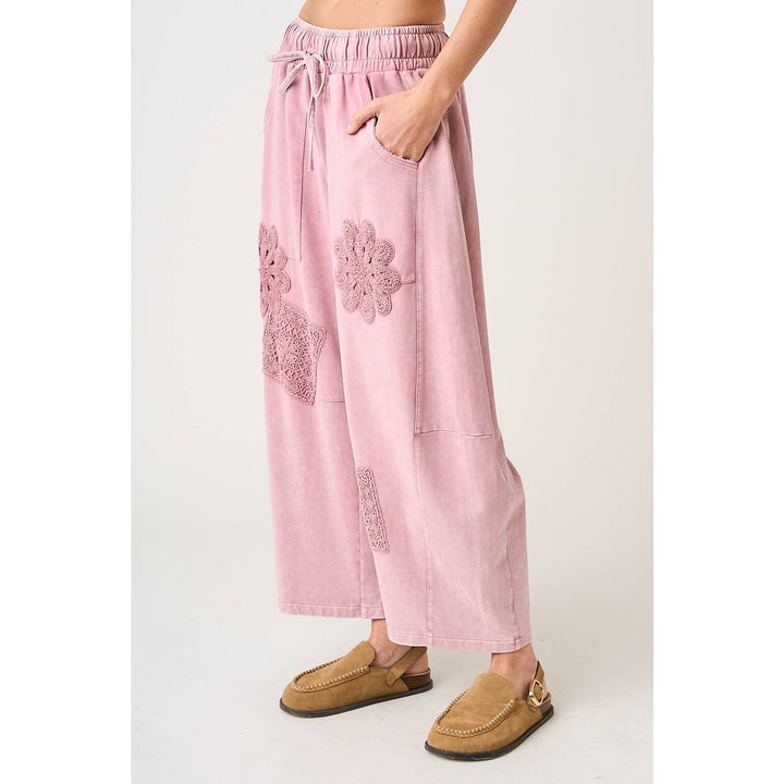 MINERAL WASH CROCHET PATCH BARREL LEG PANTS