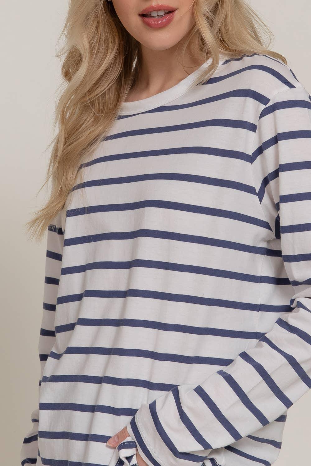 Women's Long Sleeve - Long Sleeve Round Neck Neck Stripe Tee - - Cultured Cloths Apparel