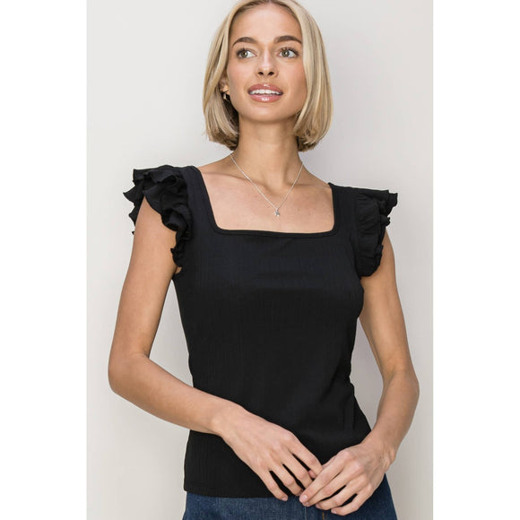 Women's Short Sleeve - SQUARE NECK JERSEY RUFFLED TOP - BLACK - Cultured Cloths Apparel