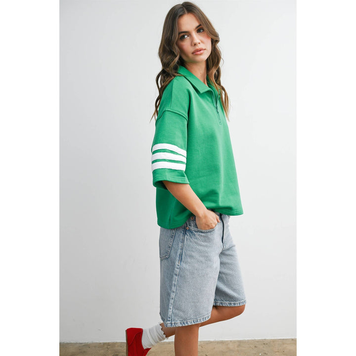 Women's Short Sleeve - Striped Sleeve Quarter-Zip Pullover - - Cultured Cloths Apparel