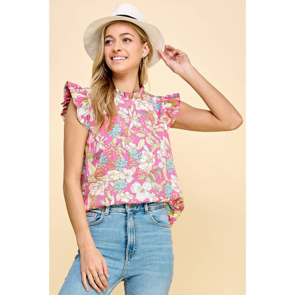 Women's Sleeveless - Floral Top with Ruffled Sleeve -  - Cultured Cloths Apparel