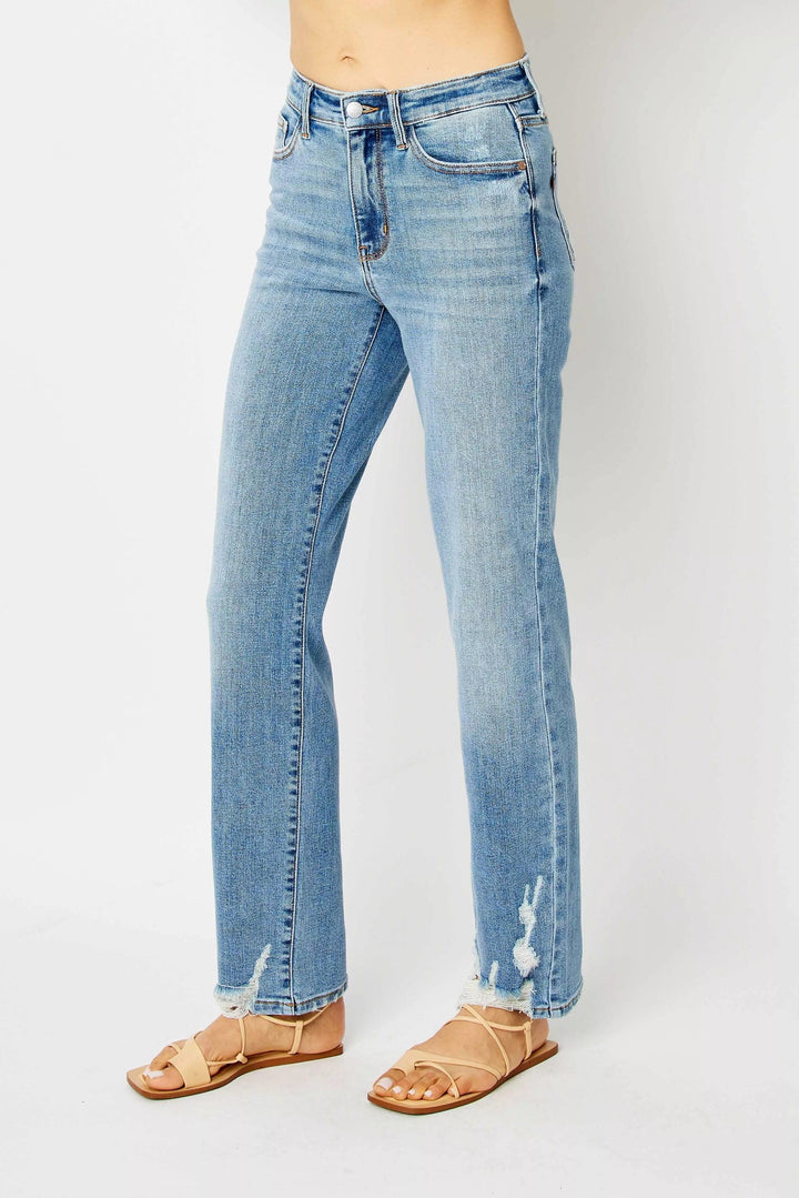 Denim - Judy Blue Full Size High Waist Straight Jeans with Heavy Destroy - - Cultured Cloths Apparel