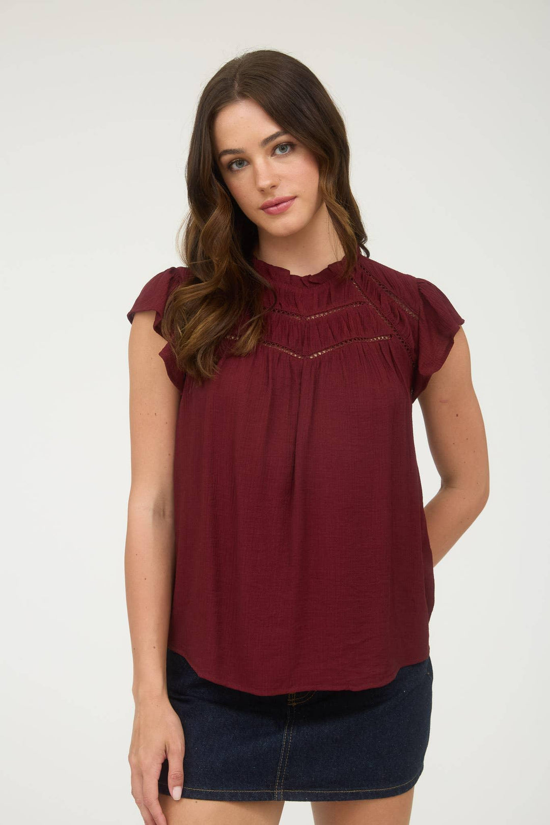 Women's Short Sleeve - LINE LACE TRIM RUFFLE DETAIL SHORT SLEEVE BLOUSE - - Cultured Cloths Apparel
