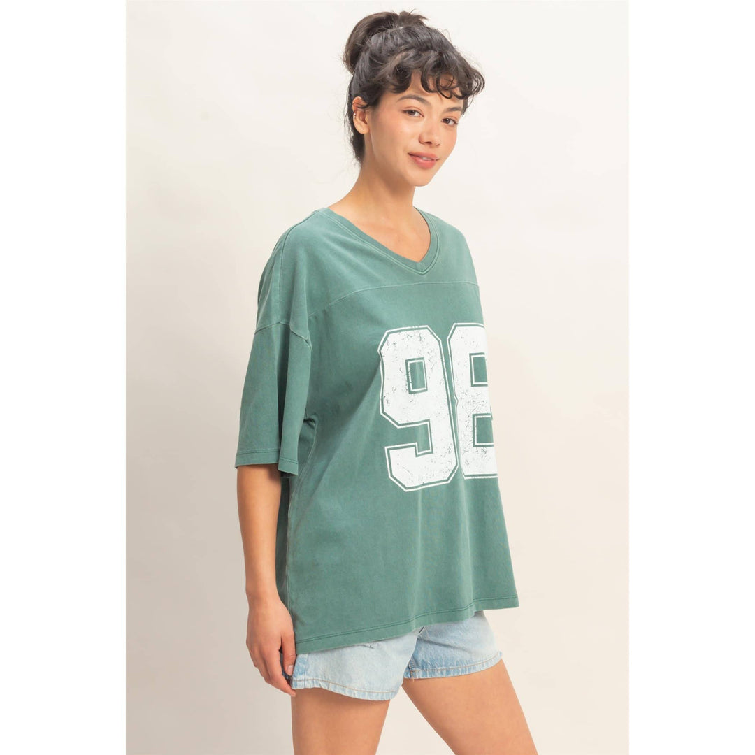 Graphic T-Shirts - Oversized Varsity Style V-Neck Graphic T-Shirt - - Cultured Cloths Apparel