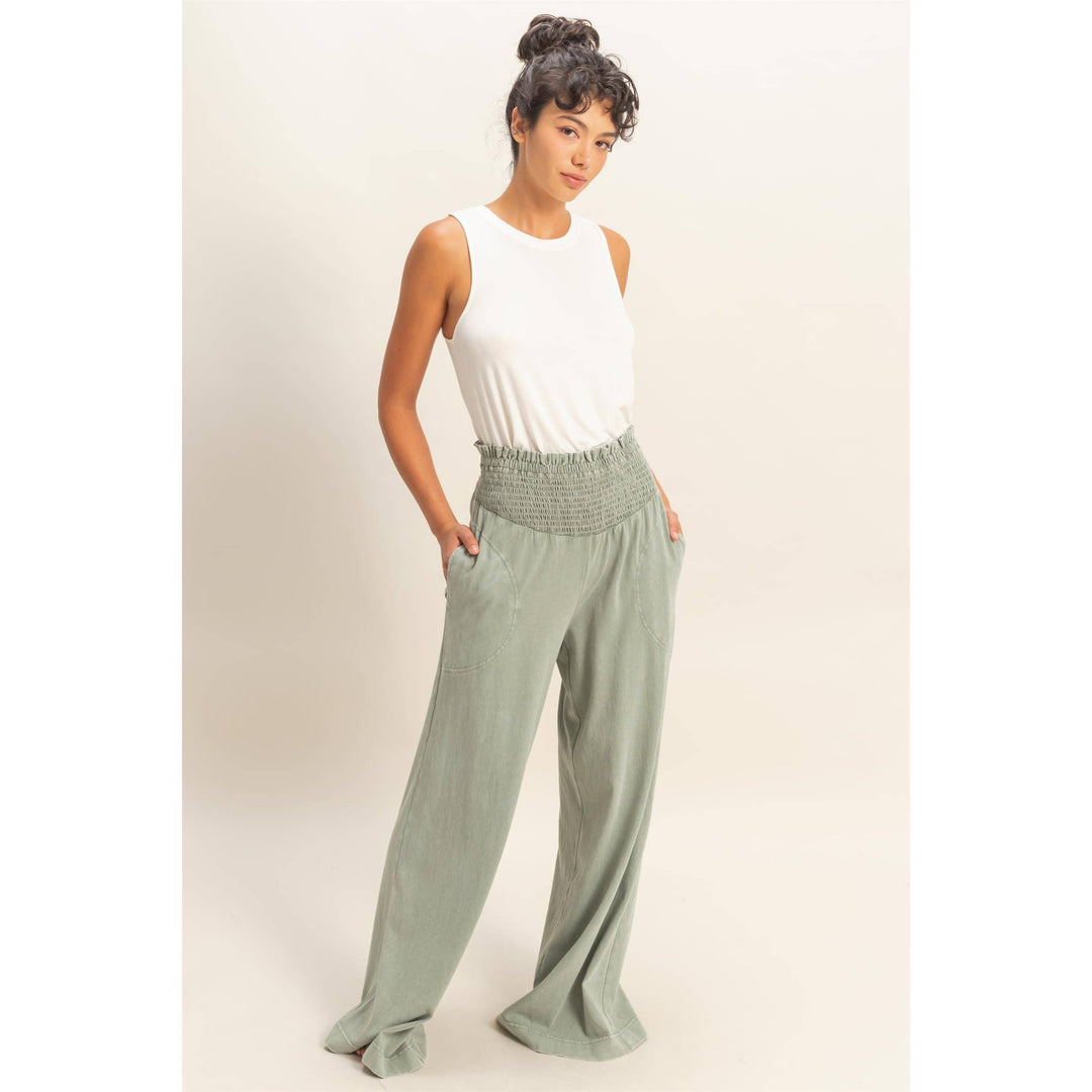 Mineral Washed Wide-Leg Smocked Waist Pants