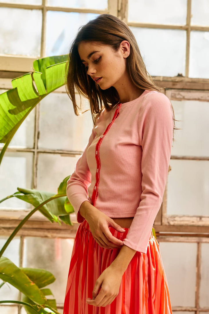 Contrast-Trim Button-Down Ribbed Top