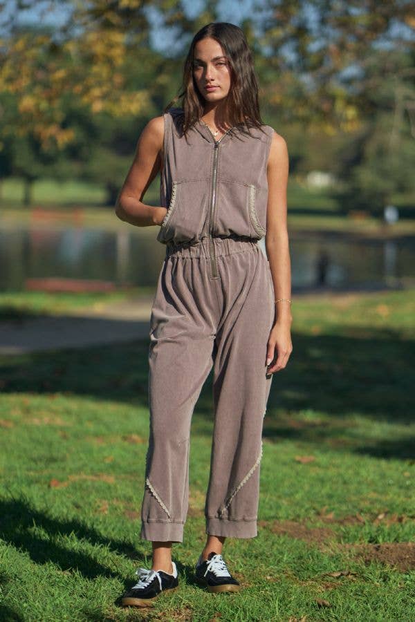 Washed Lace Trim Sleeveless Hooded Jumpsuit