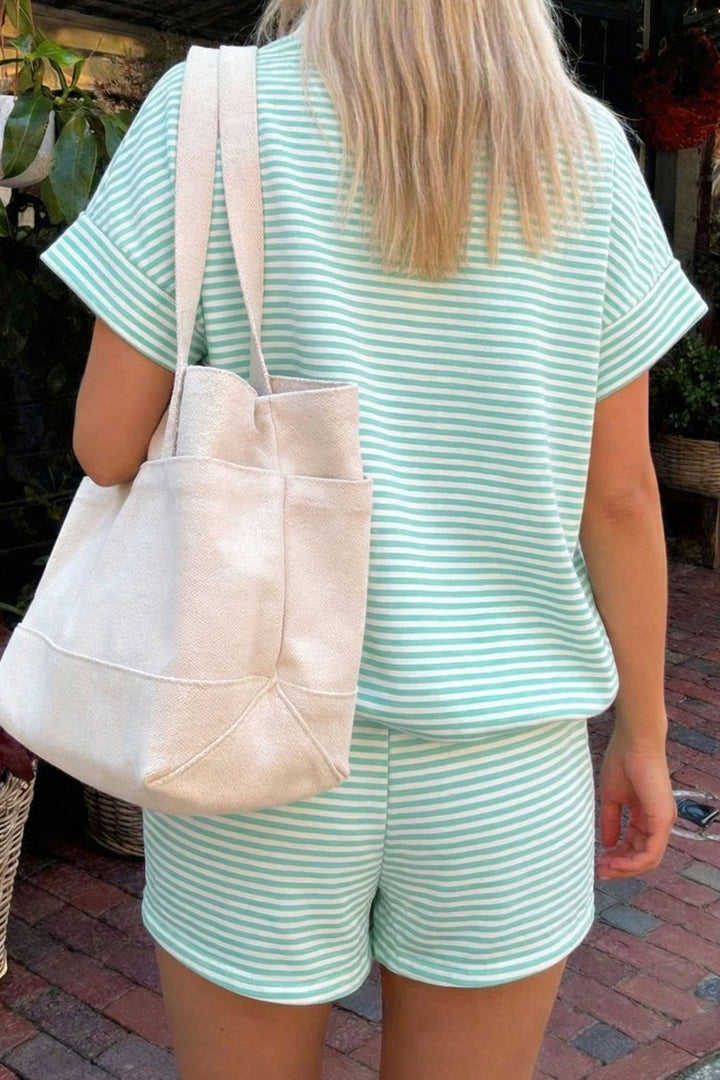 Athleisure - Blue Stripe Mock Neck Tee Casual 2pcs Short Sets - - Cultured Cloths Apparel