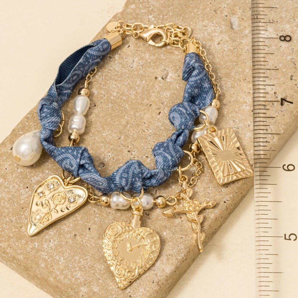 Accessories, Necklaces - Cross Floral Hearts And Pearl Charms Denim Knotted Bracelet - - Cultured Cloths Apparel
