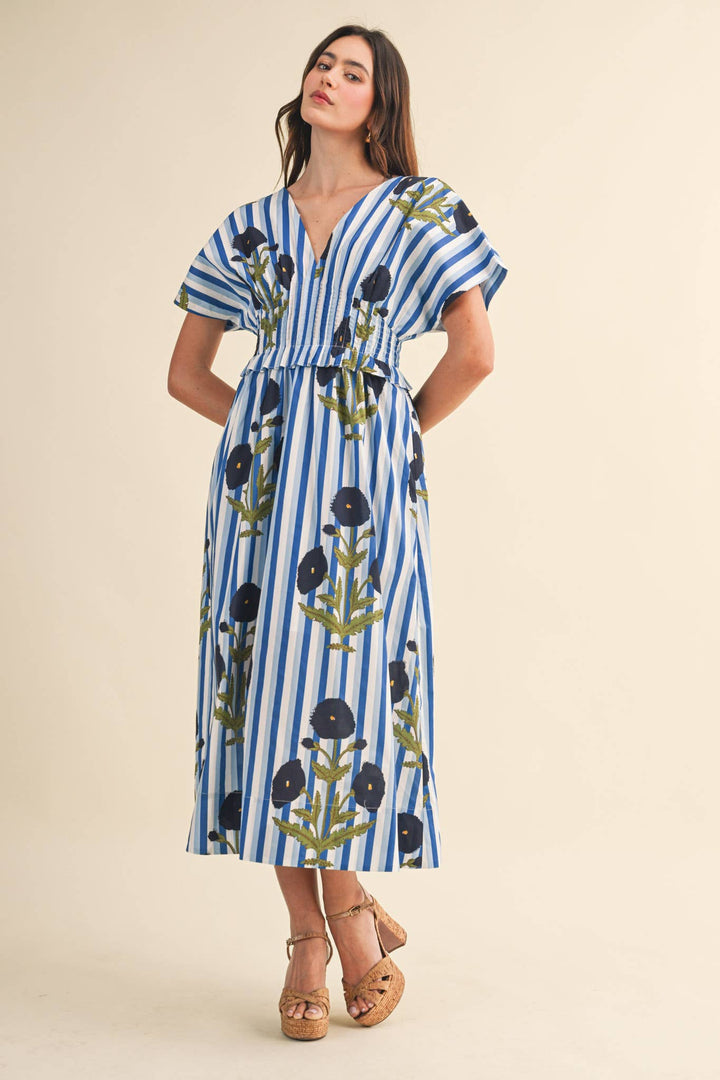 Dresses - STRIPED FLORAL PIN TUCK WAIST MIDI DRESS - - Cultured Cloths Apparel