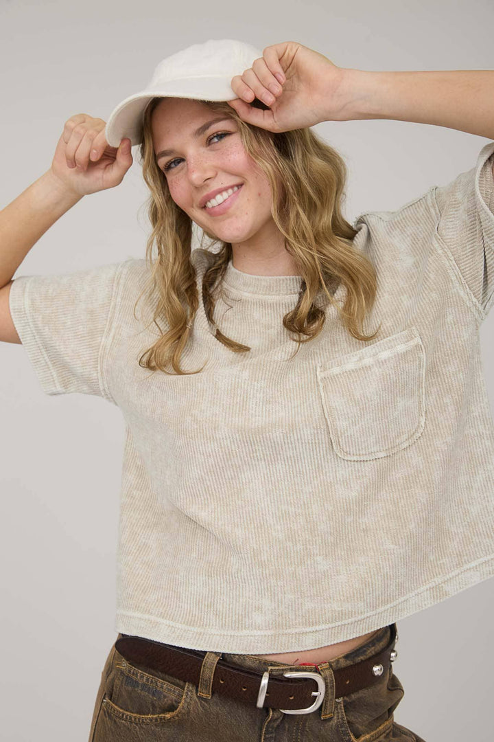 Women's Short Sleeve - WASHED RIBBED SHORT SLEEVE TEE WITH POCKET - - Cultured Cloths Apparel