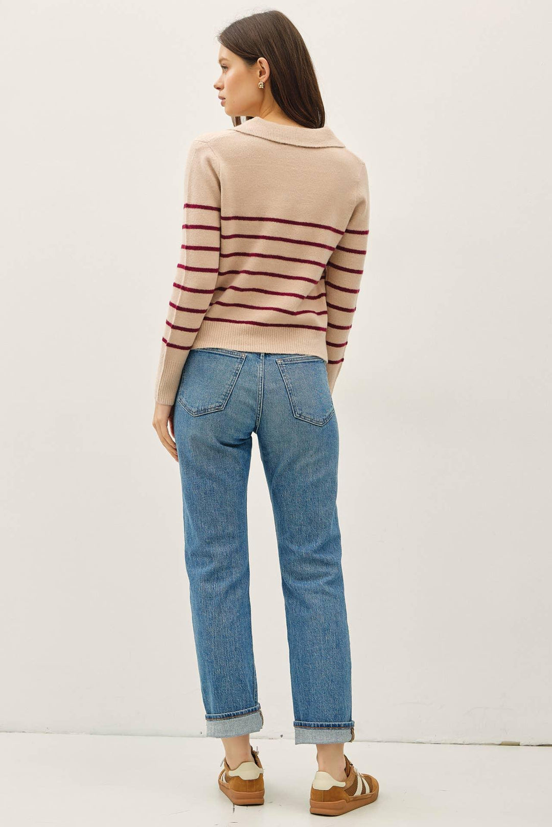 COLLARED V-NECK SWEATER WITH STRIPE