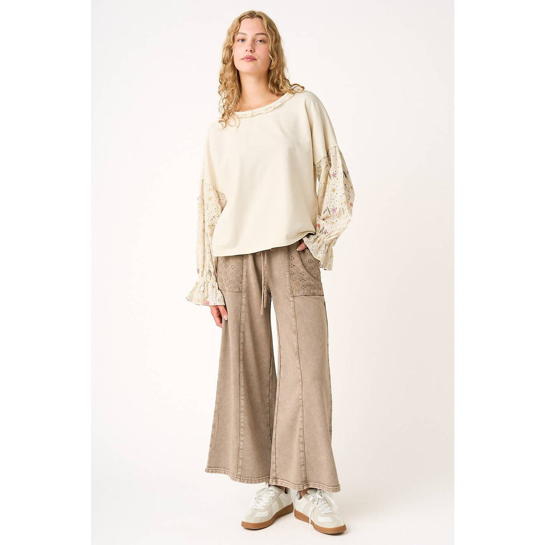 Pants - EYELET LACE POCKET MINERAL WASH WIDE LEG PANTS - - Cultured Cloths Apparel