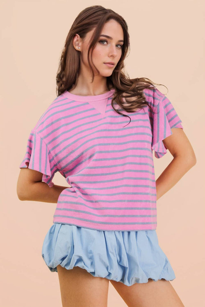 Oversized Ruffle Sleeve Casual Stripe Knit Top
