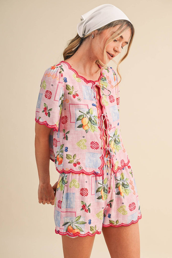 Romper - FRUIT PRINT EMBROIDERED SCALLOP TOP AND SHORTS SET - - Cultured Cloths Apparel