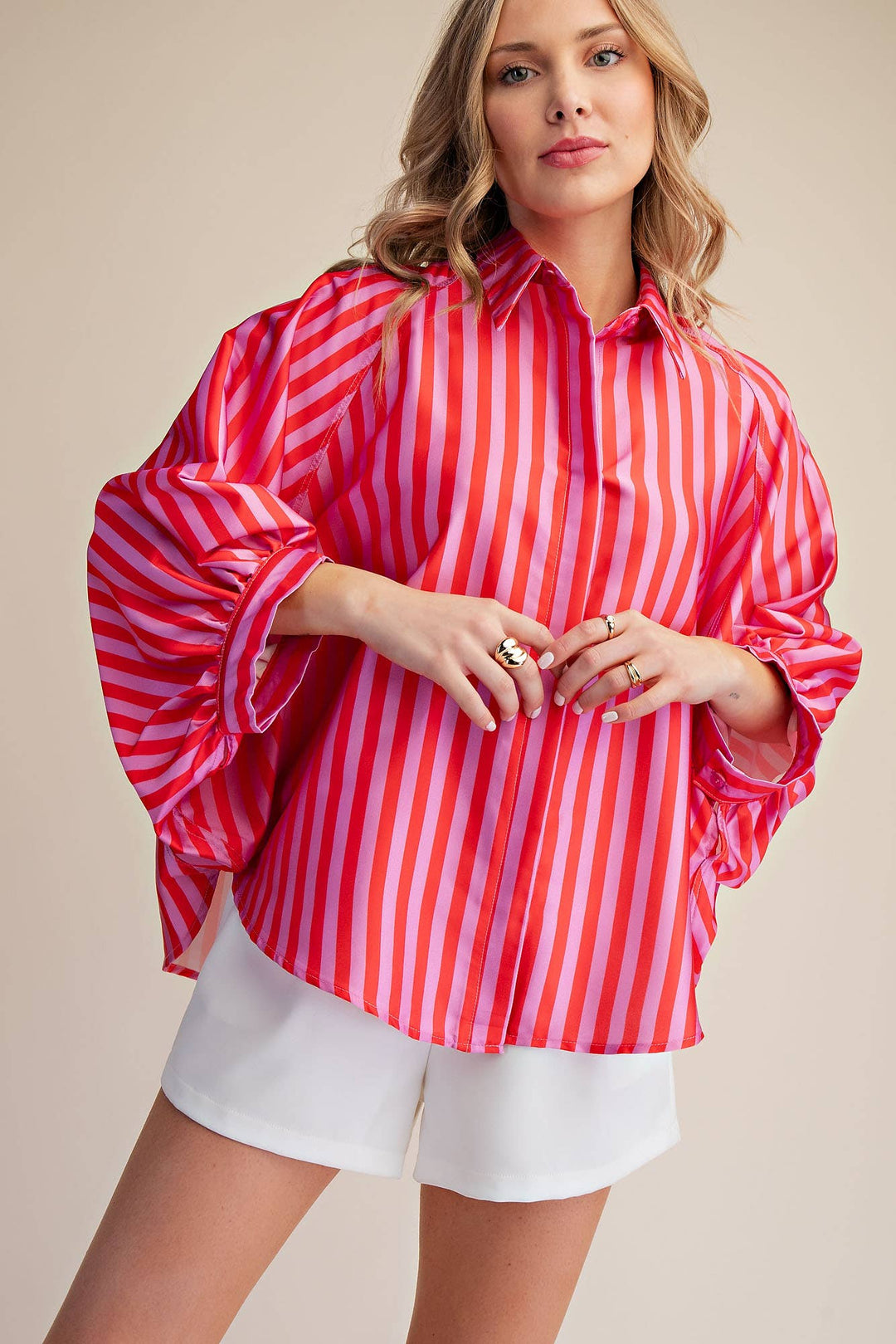 Women's 3/4 Sleeve - Balloon Dolman Sleeve Button Front Oversized Shirt - M - Cultured Cloths Apparel