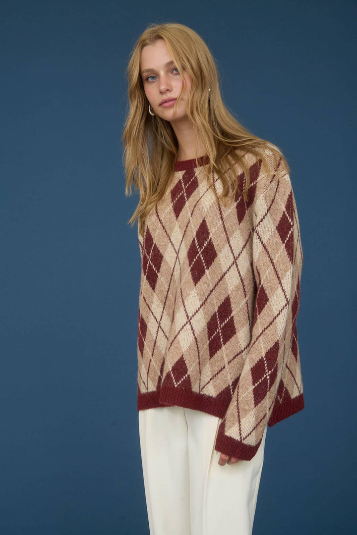 Women's Sweaters - ARGYLE PATTERN CREW NECK LONG SLEEVE KNIT SWEATER - - Cultured Cloths Apparel