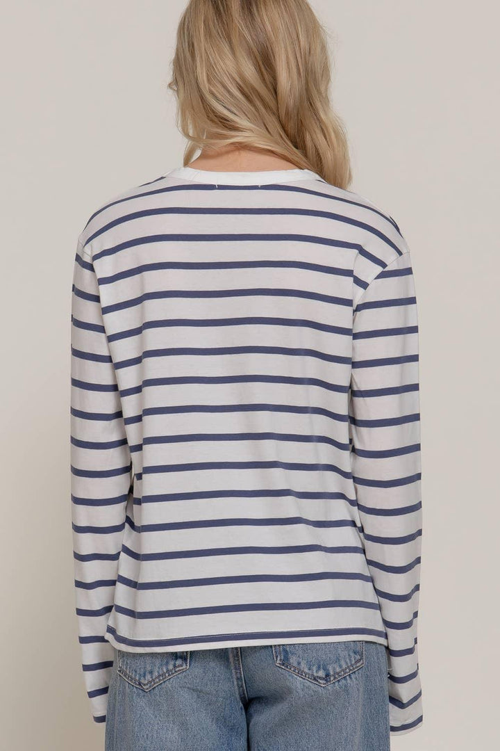 Women's Long Sleeve - Long Sleeve Round Neck Neck Stripe Tee - BLUE - Cultured Cloths Apparel
