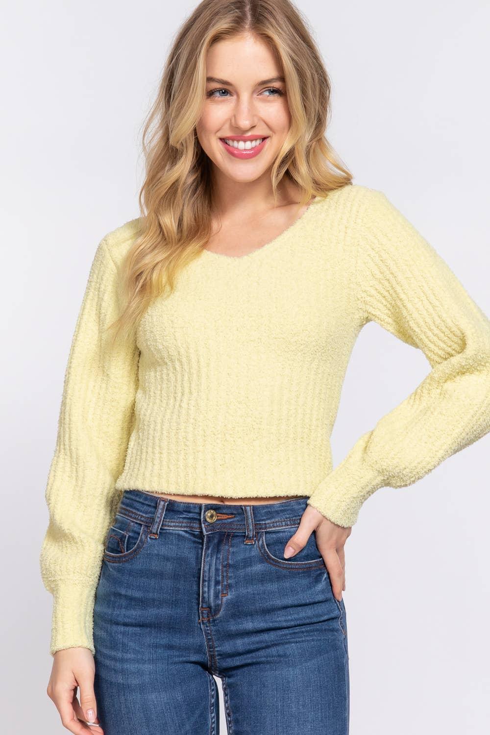 Women's Sweaters - Long Puff Sleeve V-neck Rib Sweater Top - - Cultured Cloths Apparel