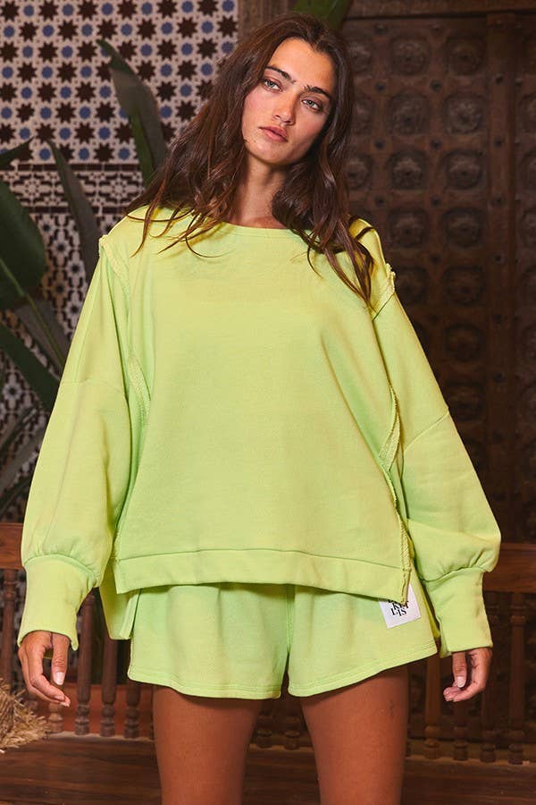T2369 Raw Edge Detail Hi-Low Hem Solid Terry Top