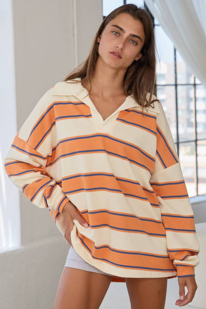 IT2417 Contrast Collared Neck Striped Polo Tunic Top
