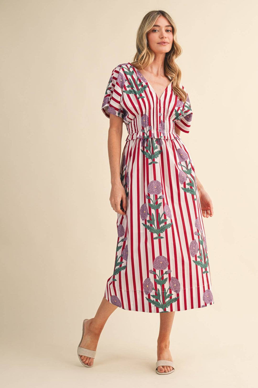 Dresses - STRIPED FLORAL PIN TUCK WAIST MIDI DRESS - - Cultured Cloths Apparel