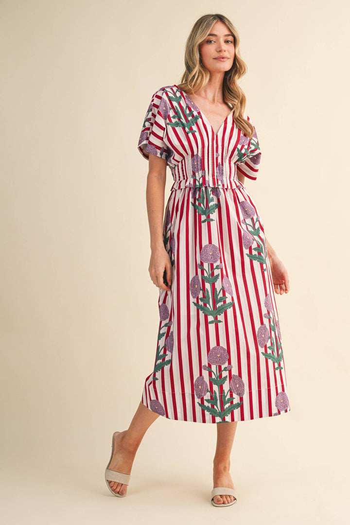 Dresses - STRIPED FLORAL PIN TUCK WAIST MIDI DRESS - - Cultured Cloths Apparel