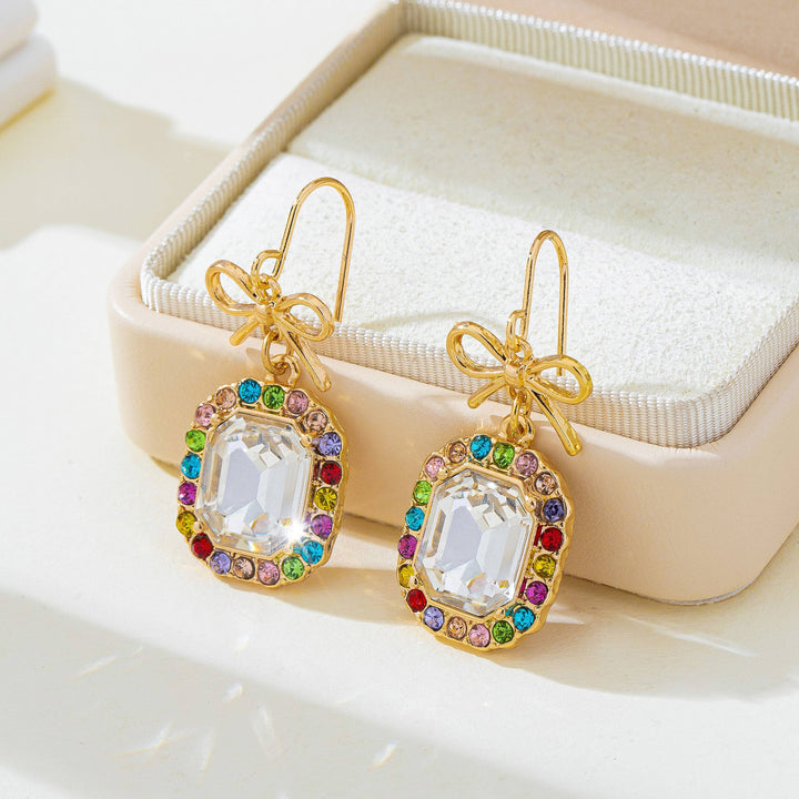 Accessories, Earrings - Bow & Emerald-Cut Rainbow Crystal Drop Earrings | 80E62407 - - Cultured Cloths Apparel