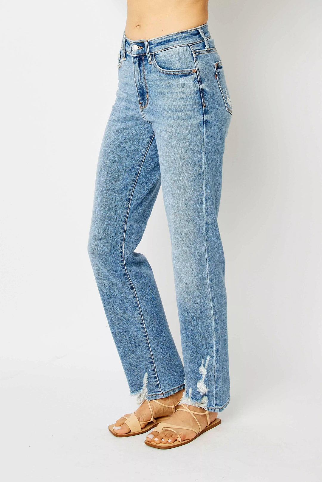 Denim - Judy Blue Full Size High Waist Straight Jeans with Heavy Destroy - - Cultured Cloths Apparel
